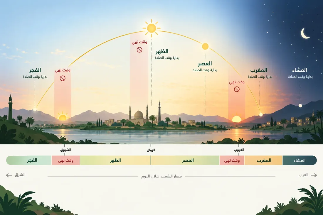 رسم يوضح علاقة موقع الشمس بمواقيت الصلاة الخمس وأوقات النهي