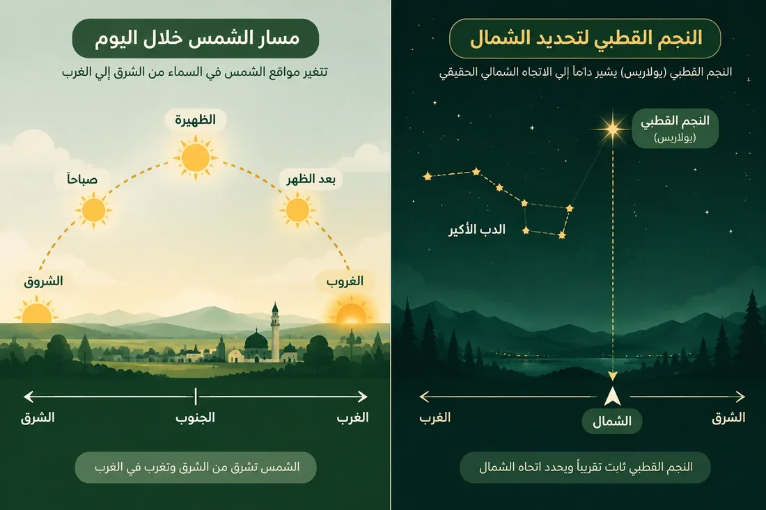 رسم توضيحي لتحديد الاتجاه بالشمس نهاراً وبالنجم القطبي ليلاً