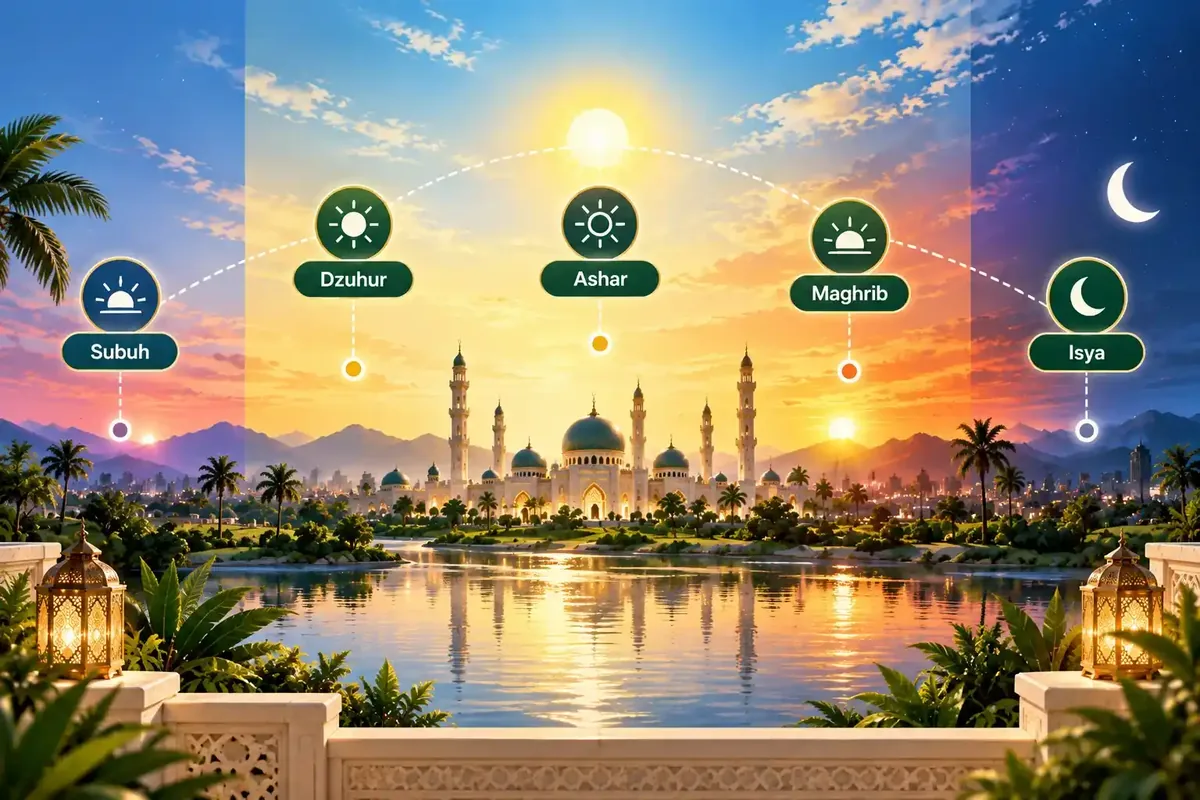 Diagram posisi matahari dikaitkan dengan waktu sholat Subuh, Dzuhur, Ashar, Maghrib, dan Isya