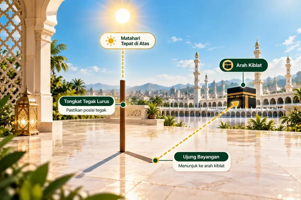 Diagram cara menentukan arah kiblat memakai bayangan matahari saat rashdul kiblat