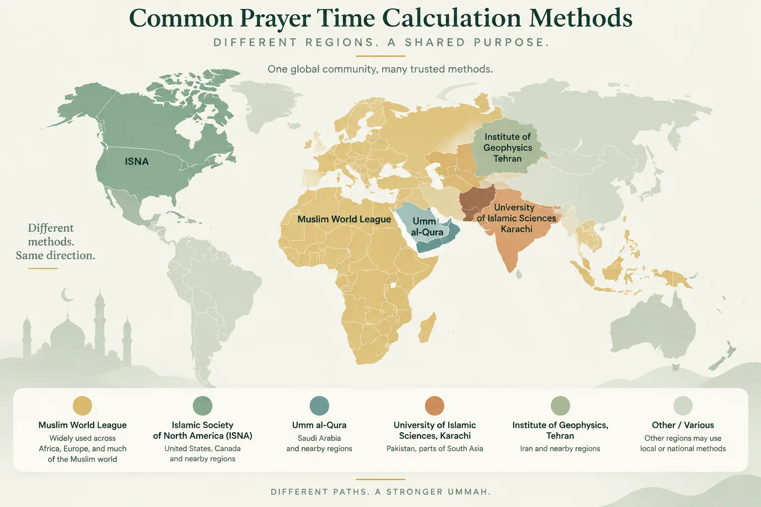 World map showing which prayer time calculation method is commonly used in different regions