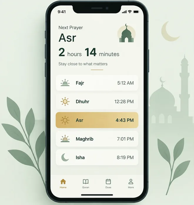 Live prayer panel showing today's Fajr, Dhuhr, Asr, Maghrib and Isha times with a countdown to the next prayer